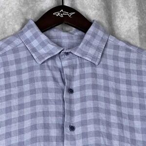David Donahue Mens Large 16.5 Blue Gingham Fusion L/S Casual Button Up Shirt